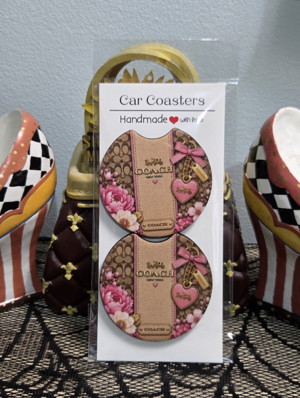 Handmade Designer Inspired Monogram Car Coaster Set - Pink Peony Floral, NEW